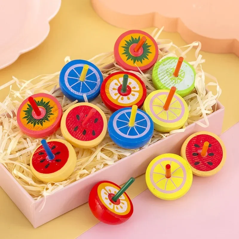 1Pc Multicolor Fruits Wooden Gyro Spinning Top Educational Relief Stress Toys for Kids Birthday Party Favors Kindergarten Girls