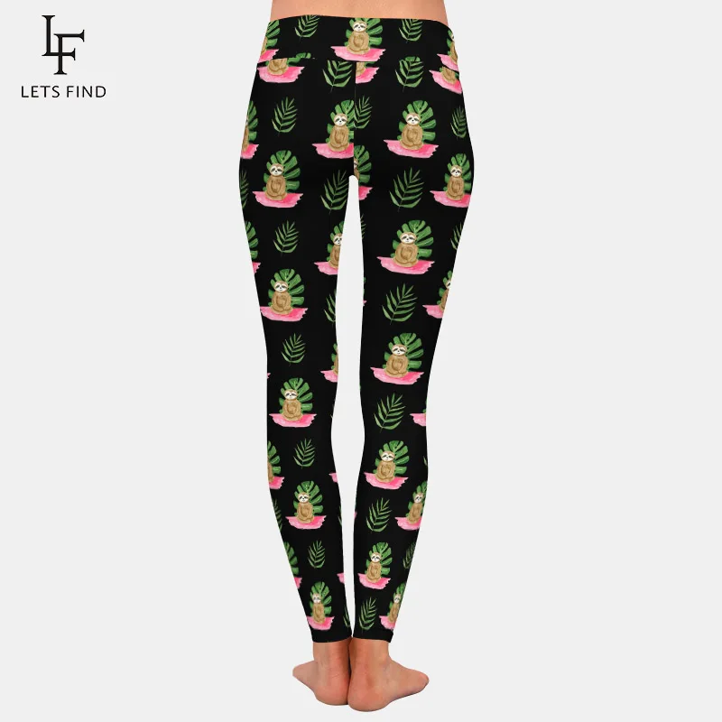 LETSFIND 2020 High Quaility Leggings da donna High Wiast 3D bradipo seduto In foglie tropicali stampa Leggings completi da donna