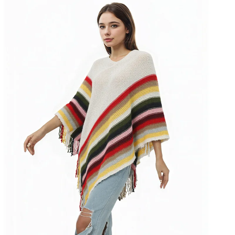 

Elegant Fashion Women Autumn Cloak Sleeveless Poncho Striped Cape Office Lady Winter Knitted Ponchos