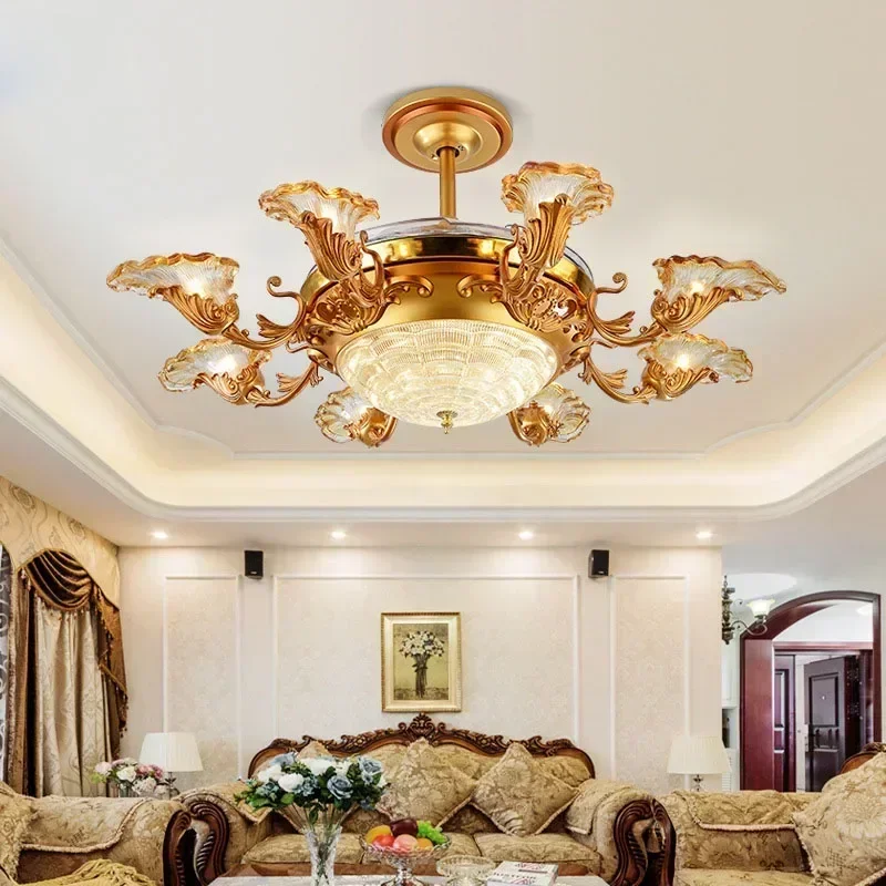 2025 New Crystal Nordic Invisible Ceiling Fan Light Living Room Remote Control Retro Atmospheric Pendant Light Home Appliances