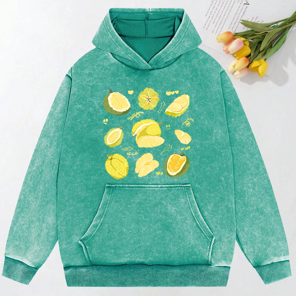 Delicious Durian Happy  Printed Snow Wash Hoodie Hip Hop Oversize Clothes Multicolor Casual Hoodies Oversize Sportswear