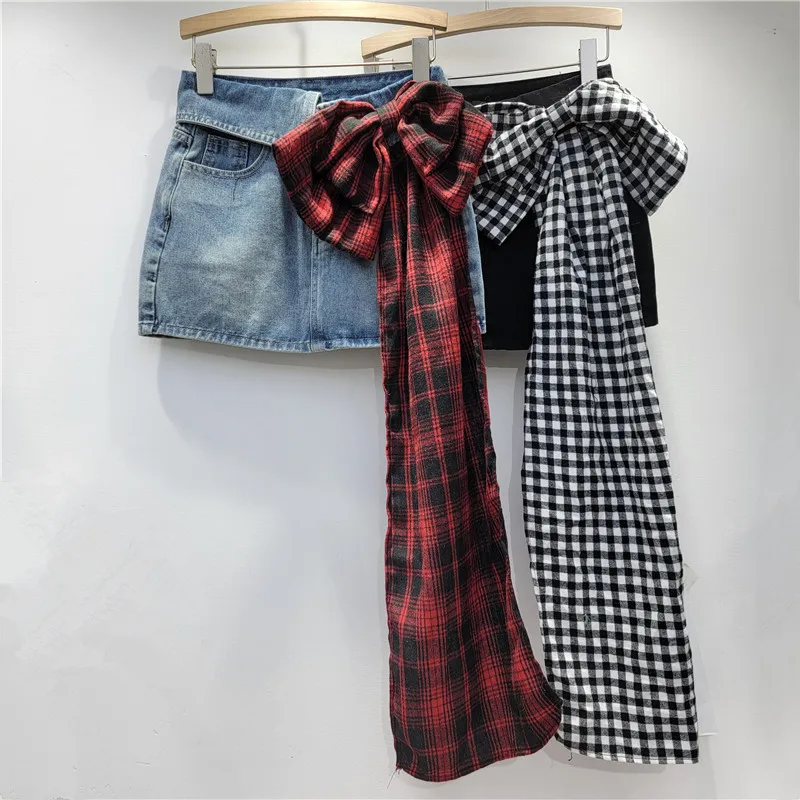 

Niche design sense tie up stereoscopic bow decoration denim bag hip slim-fit skirt skirt