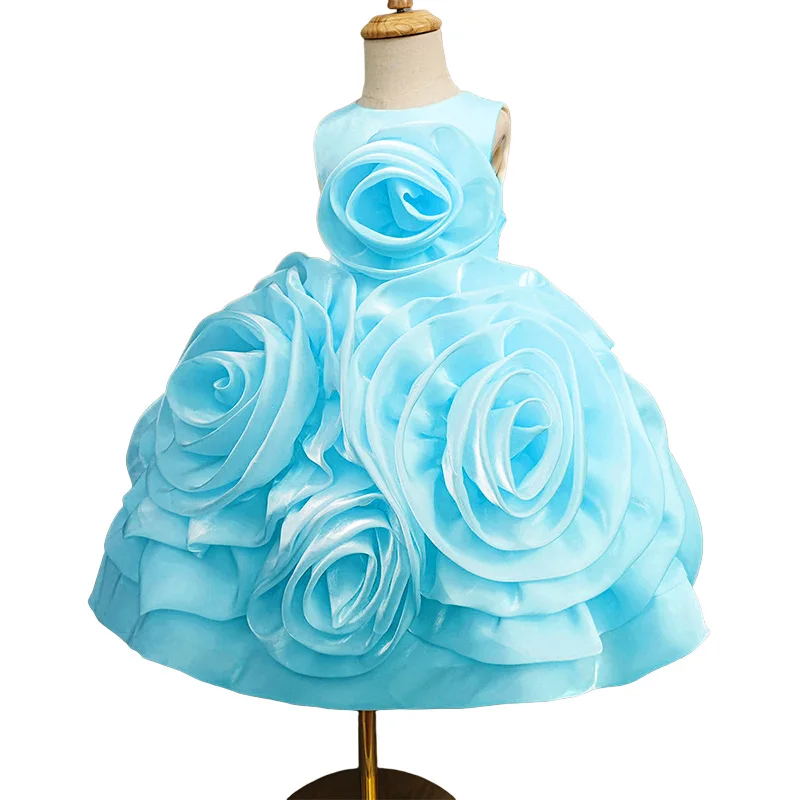 

Junior Bridesmaid Blue Organza Rosette Birthday Dress Knee-Length Ceremonies Wedding Party Princess Gown for 1-12 Girls Pink