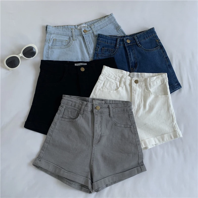 2025 Spring Summer New Arrival Chic Basic Style Slimming Simple Rolled High-Waisted Trendy Denim Shorts Wide Leg Pants