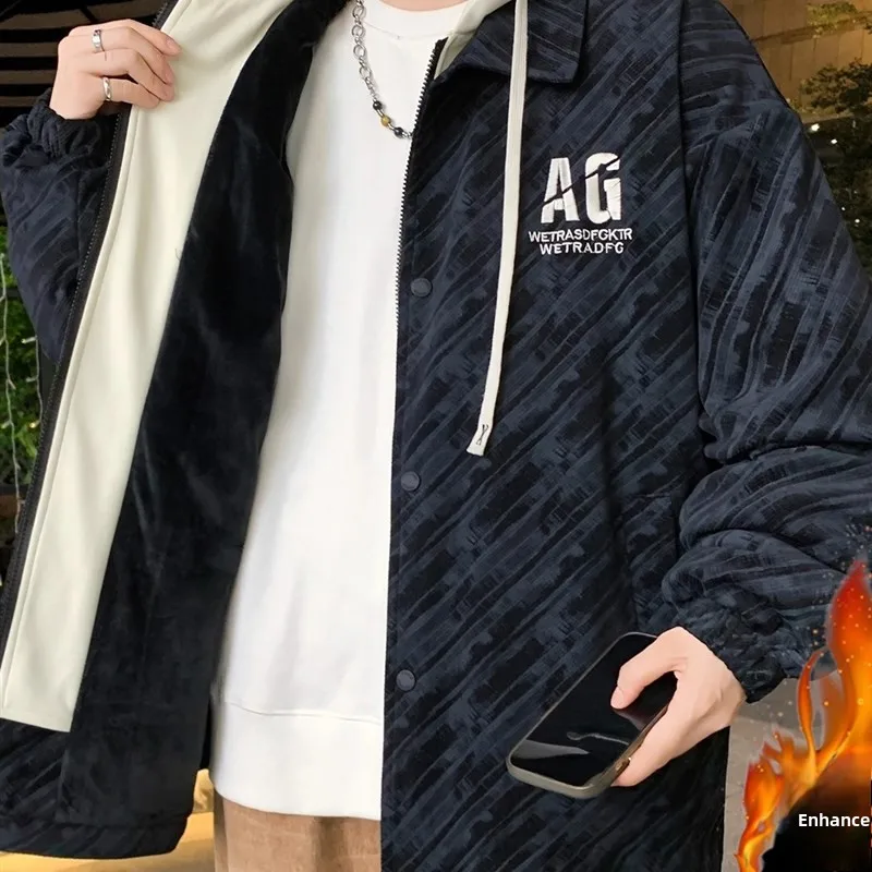 

Thiened Fce Jaet for Men with Hood Warm Outerwear Youth Autumn Winter Casual Sle Color Blo Design Long Sve Coat