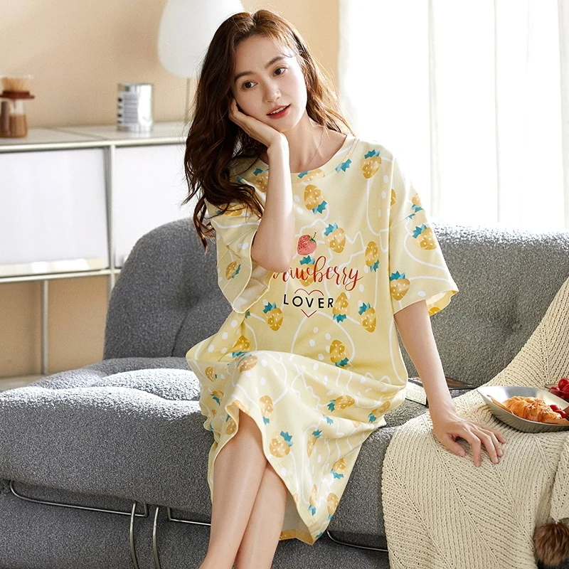 Camisones de manga corta con estampado de algodón para mujer, ropa de dormir suelta coreana, vestido de noche para el hogar, 2024