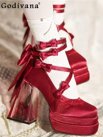 Lolita-Chaussures à Talons Hauts en Velours Rouge avec Nministériels d pour Femme, Souliers Mary Essence, Doux et Élégants, ixd'Anniversaire, Printemps, Original