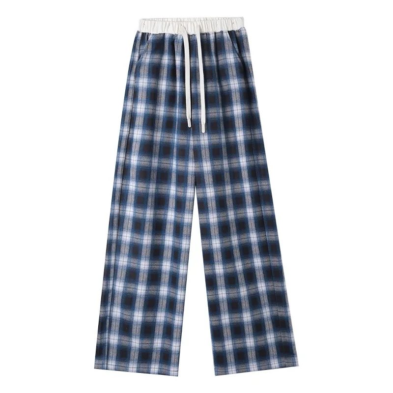 سراويل كسول ريترو ستريت منقوشة للنساء 2025 سراويل غير رسمية منقوشة جديدة فضفاضة مستقيمة باللونين الأبيض والأسود