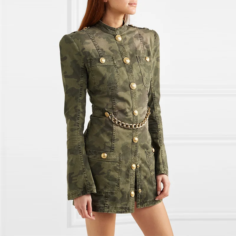 

HIGH STREET 2023 Newest Stylish Designer Dress Women's Matel Chain Military Uniform Camo Cotton Dress