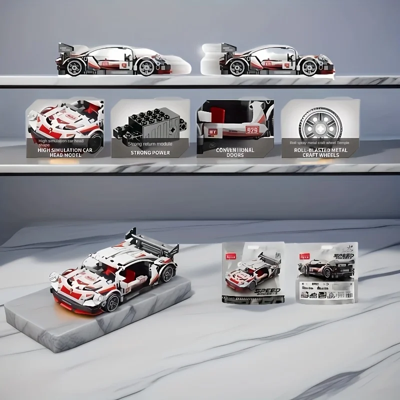 Weißer zusammengebauter Baustein-Sportwagen mit 372 Partikeln, 6 Jahre alte Jungen wie ein Spielzeuggeschenk