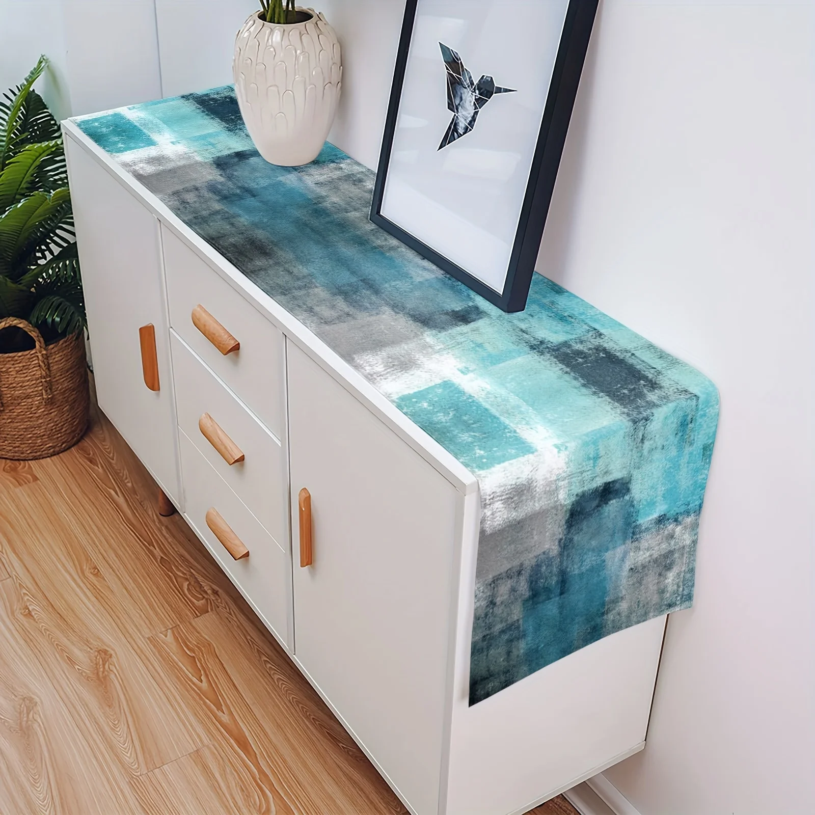 Elegant Turquoise & Grey Abstract Art Table Runner Washable Polyester Rectangular Table Decor for Home Restaurant Wedding Party