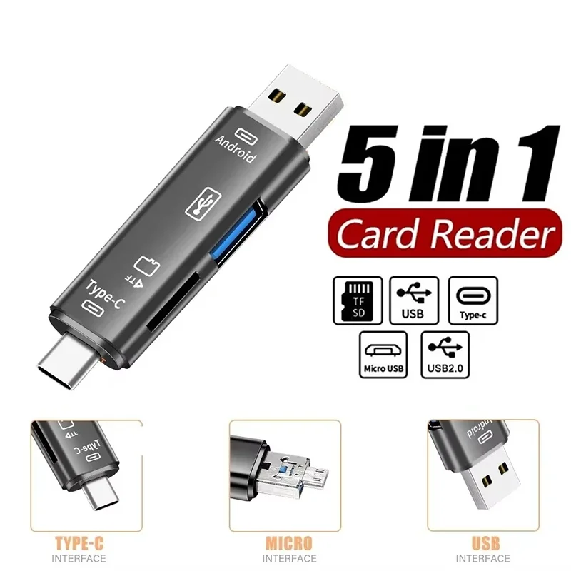 5 In 1 Multifunction Memory Card Reader TF SD Memory Reading Compact OTG Adapter For Phone Tablet Laptops PC Office Travel Data