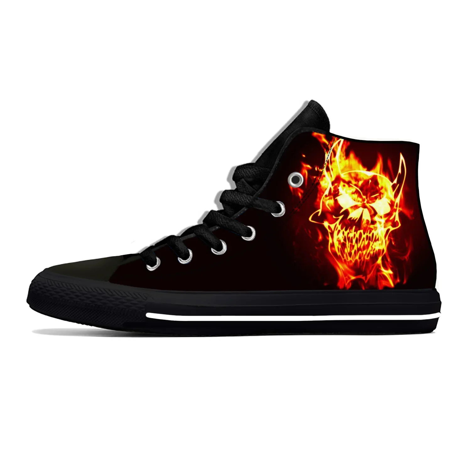 Sapatilhas leves e respiráveis, chama de fogo, esqueleto flamejante da caveira, sapatos casuais de pano, top alto, estampa 3D, moda, popular