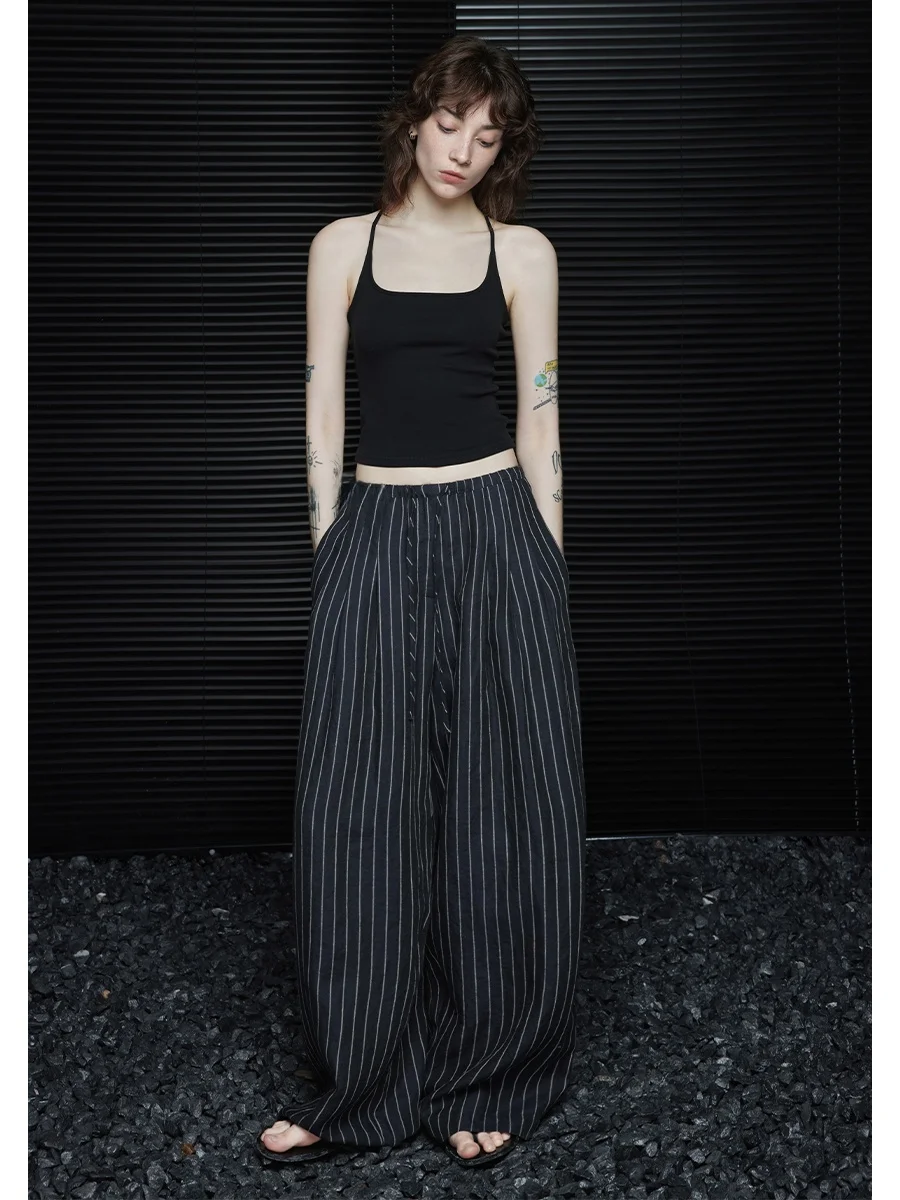 High Waist Draped Linen Wide Leg Pants Women's Summer  New Sle Thin Casual Loose Fit Trousers With Kets Street Sle