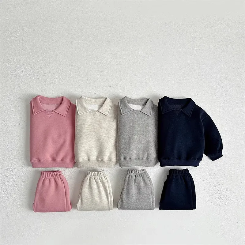 

2025Spring and Autumn New Style Toddler Pure Cotton Sports Set Boys and Girls Baby Turn-Down Collar Solid Color Trendy Sweatshir