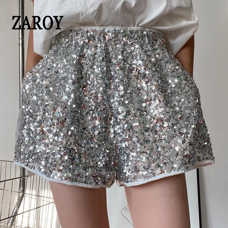 

ZAROY 반바지 Silver Sequined Shiny Versatile Short Pants Women Clubwear Casual Loose A Line Hot Shorts Fashion Streetwear шор