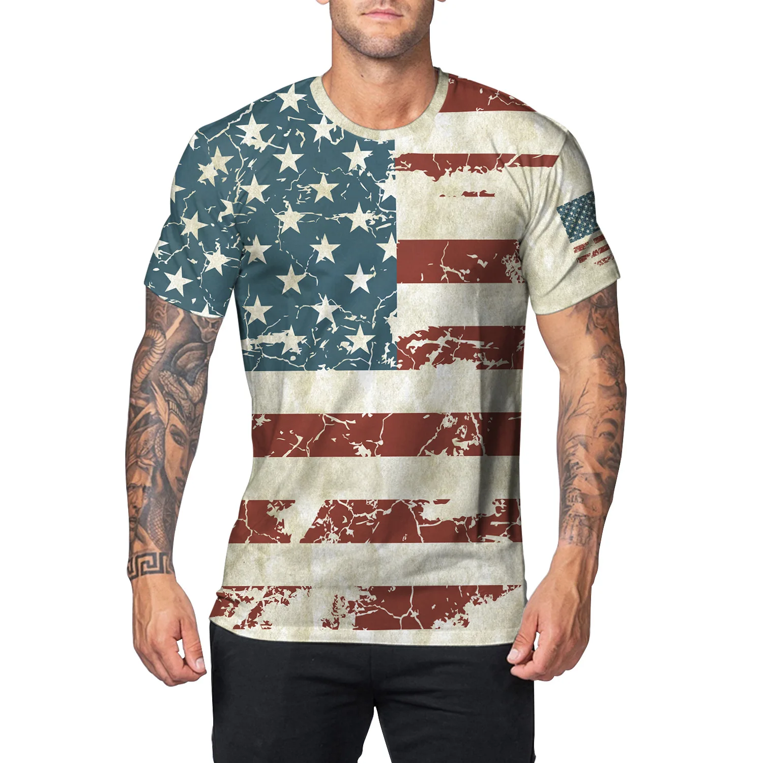 Wholesale Men's Fit Tee Independence Day Clothing with Digital Print of Flag T-Shirt Customizable Round Neck Short Sleeve Top