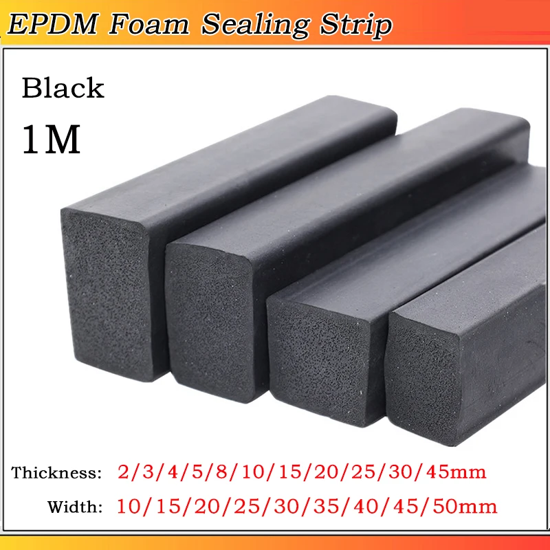 

1M Black EPDM Foam Sealing Strip Sear-resistant Flat Square Strip EPDM Sponge Sealing Strip T: 2~45mm W: 10~50mm