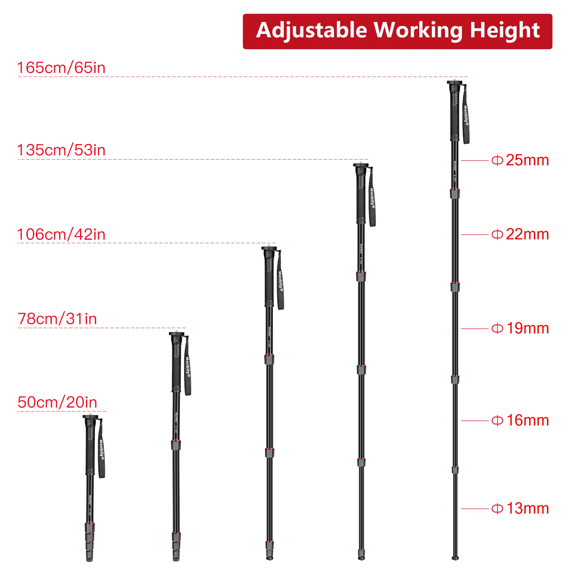 Manbily E222 Professional Camera Monopod Aluminum 165CM Walking Stick for Canon Nikon DSLR Gopro Lightweight Load 7kg