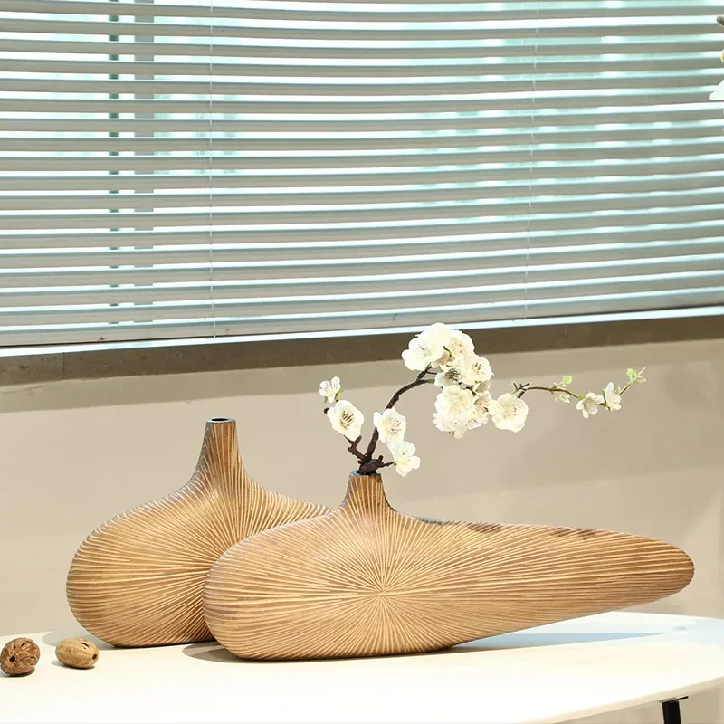 Imitation Wood Vase Singular Ellipse Flower Arrangement Tabletop Decor Resin Crafts Home Flower Vases Living Room Decoration