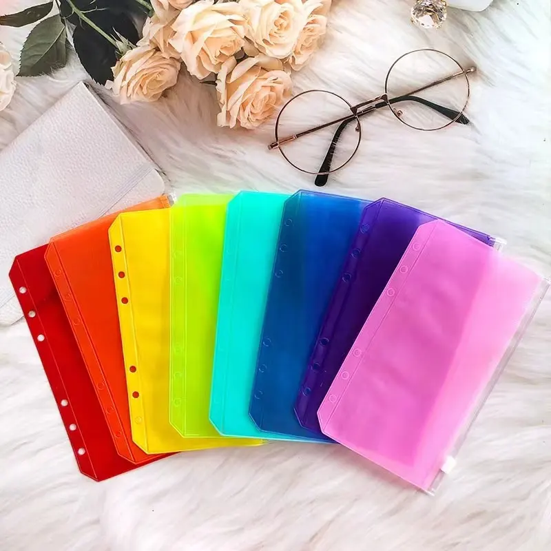 10pcs/Lot Colorful Transparent PVC A5 A6 Binder Pocket Clear Zipper Folders for 6-Ring Notebook Binder Filing Pouch Organizer