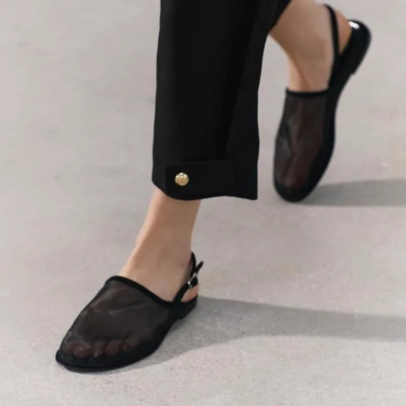 Air Mesh Slippers For Women Solid Color Black Buckle Strap Breathable Stylish Female Shoes Luxury Designer Brand Concise Leisure