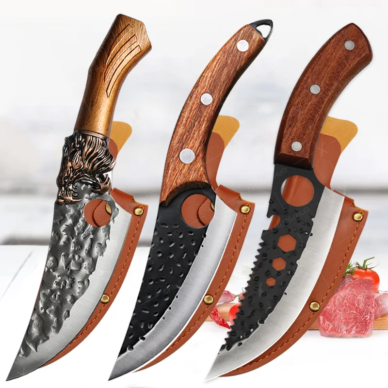 

Forged Kitchen Meat Cleaver Chef Knife Butcher Knife Sharp Boning Knife Meat Slicing Paring Fishing Utility Knives with Sheath