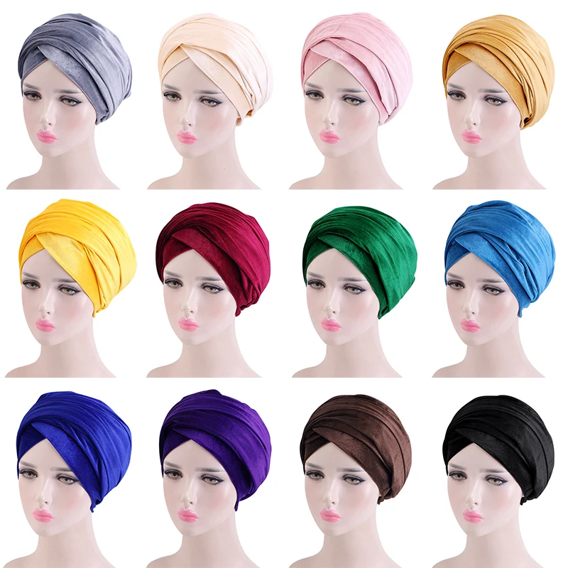 New wedding Multi Layer Velvet Turban Cap Solid Color Elegant Hijab Hat Elastic Head Wrap Ramadan Headscarf Chemo Hats Beanies