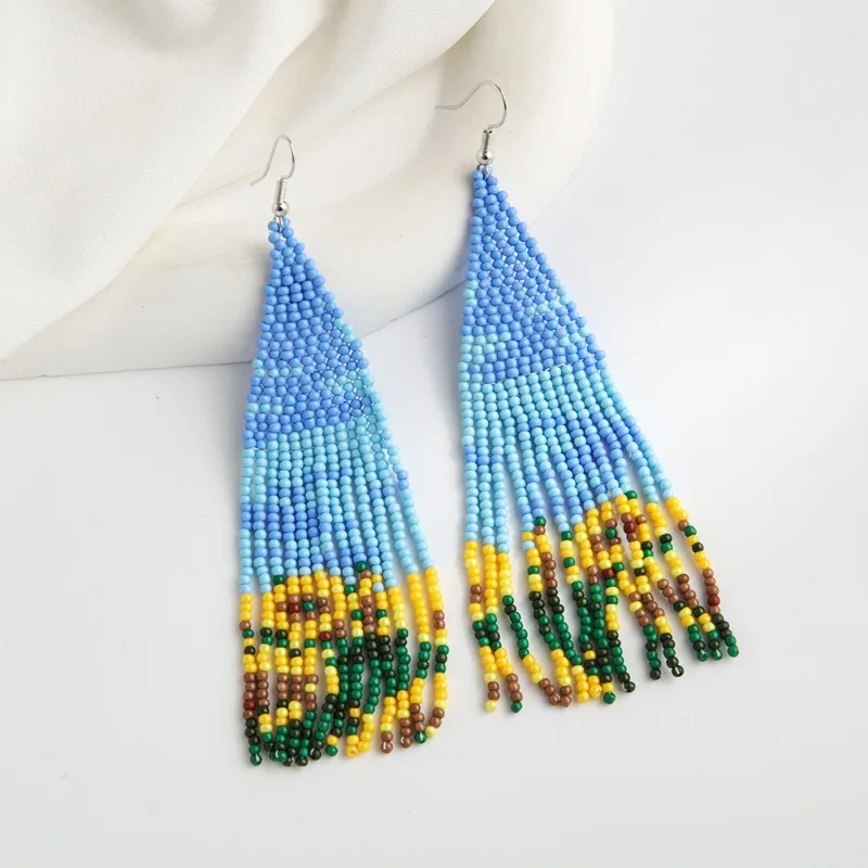 Rice bead earrings Tassel Flowers Design Geometry Originality Hand knitting Bohemia Alloy Fashion Simple Beaded earrings