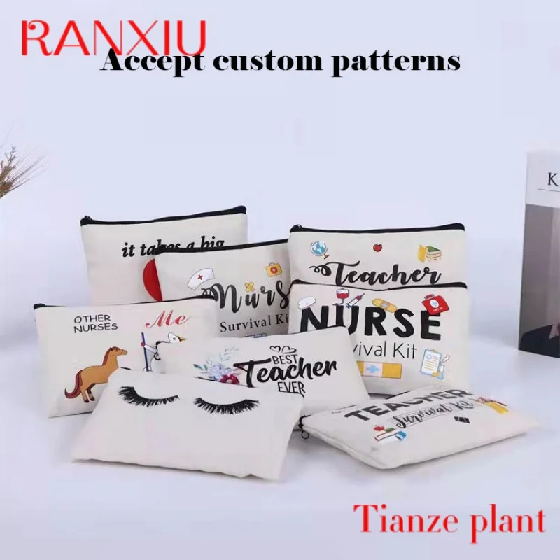 Trousse de maquillage en coton écologique avec logo personnalisé pour femme, sublimation, poudre, fermeture éclair colorée, toile imprimée, trousse de toilette cosmétique