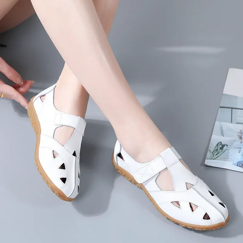 Summer Genuine Women\'s Sandals Leather Handmade Ladies Shoe Leather Sandals Women Flats Beach Shoes Retro Mother Shoes
