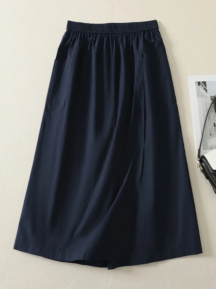 Young Women's Cotton A-Line  Skirt Korean Style Deep Blue Commuter Skirt Casual Loose Fit Elastic Waist Skirt