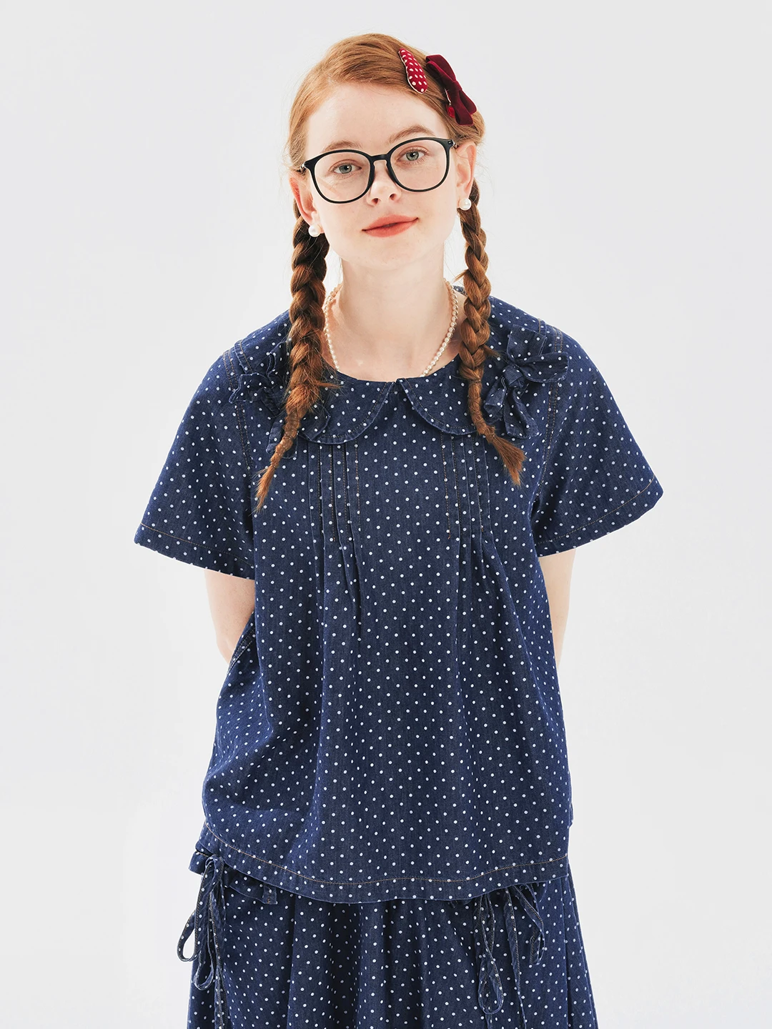 

IMAKOKONI original design polka dot short sleeved lapel lace patchwork bow shirt blue 2444733