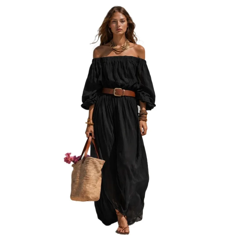 2026 New Vintage Streetwear One Shoulder Long Maxi Dress Women's Black Summer Sexy Comfortable Elegant Solid Color Loose Dresses