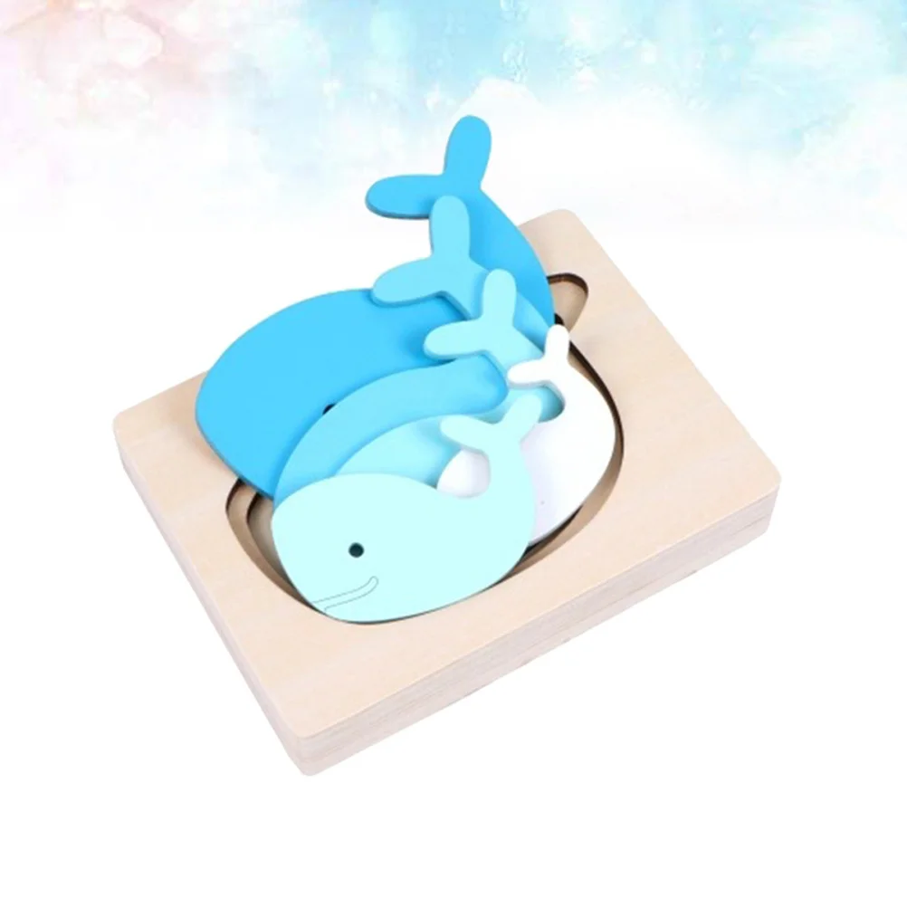 Rompecabezas de animales multicapa de madera, Panel 3D, ballena degradada azul de dibujos animados, juego educativo temprano para niños