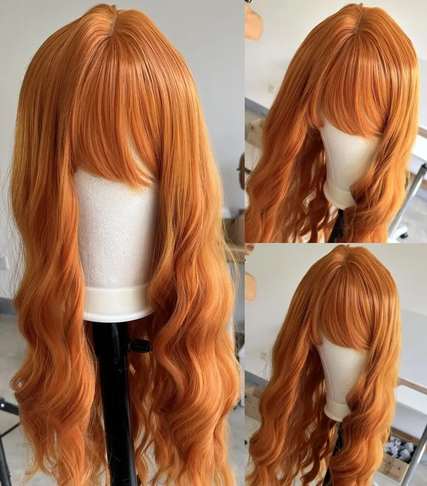 

Orange Cosplay Wig With Bangs Heat resistant hair Synthetic Long Wavy Halloween