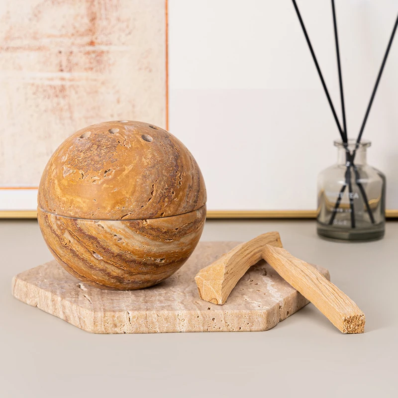 Beige Brown Travertine Marble Incense Burner Religious Ball Shape Stone Incense Holder Home Stone Ornament Plate Decorative Tray