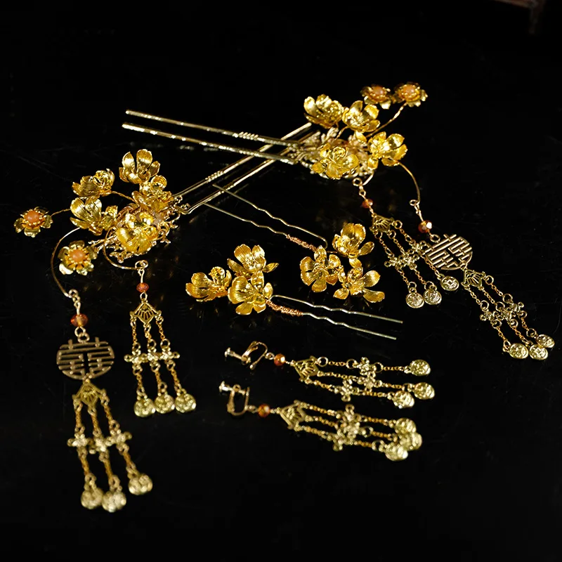 دبوس الشعر الذهبي مشبك الأذن غطاء الرأس الزفاف Xiuhe شيونغسام وثوب هان الملابس الصينية إكسسوارات الشعر مزاجه بسيط