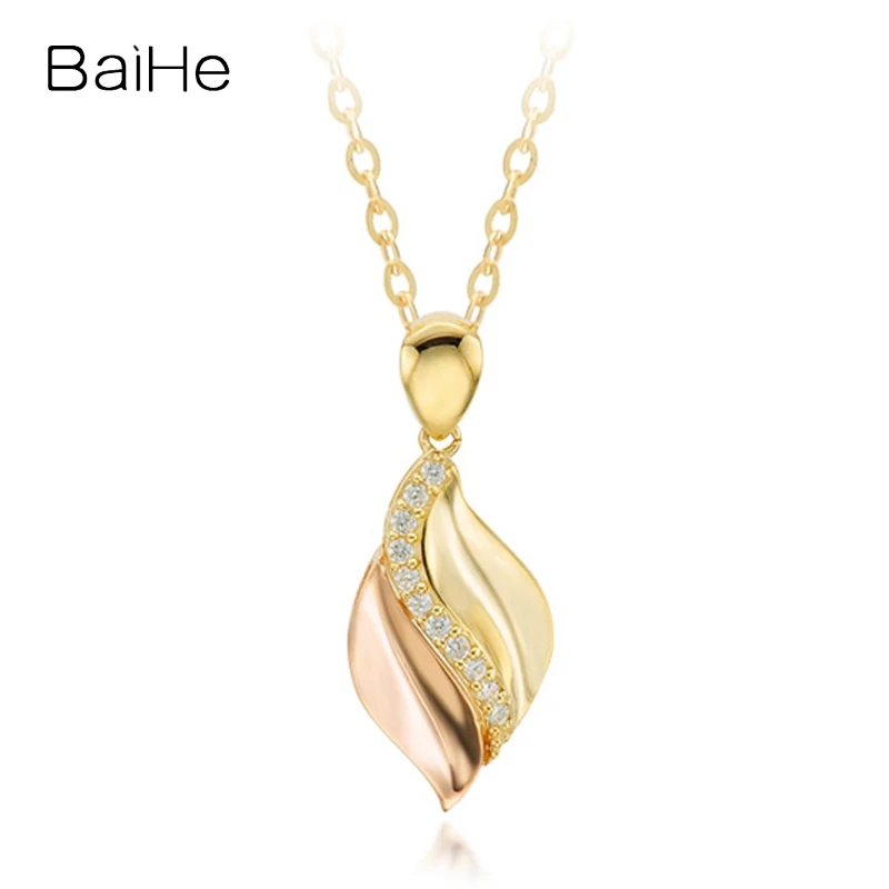 BAIHE Solid 14K Yellow+Rose Gold H/SI Natural Diamond Leaf Necklace Women Lady Fine Jewelry Making Collar hoja жапырақты алқа