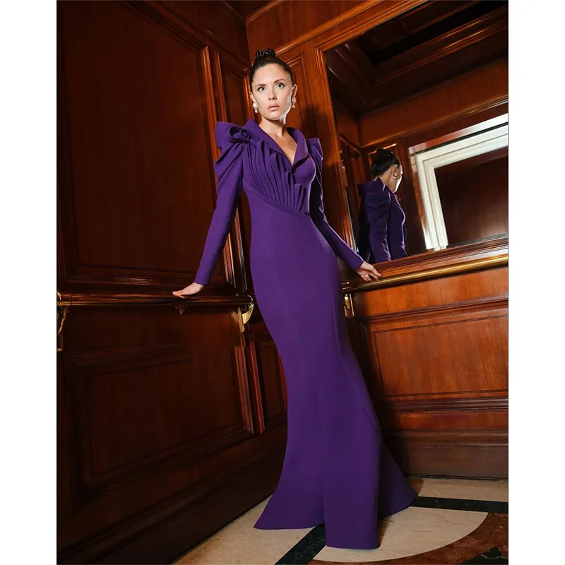 Elegant Purple Mermaid Prom Dress V-neck Long Sleeve Ruched Evening Dress Customize Occasion Gown Long Dresses