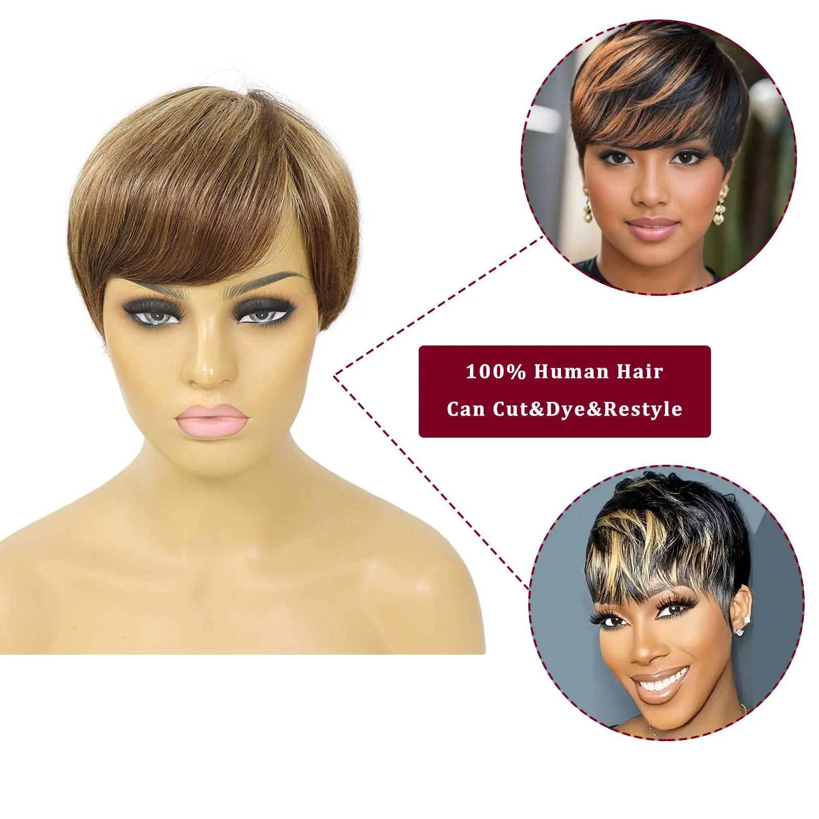 # 4/27 블론드 하이라이트 숏 픽시컷 가발 여성용 인모 레이어드 가발 페루산 밥 풀 머신 메이드 가발 150% 밀도