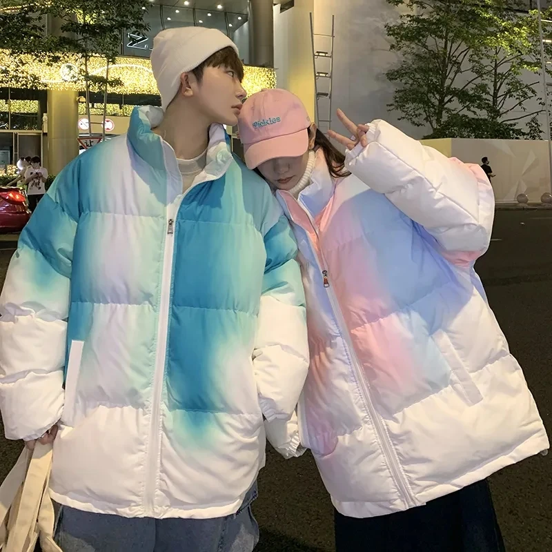 Rainbow Gradient Oversize Couple Jacket Women Street Winter Thick  Streetwear snow Harajuku Ladies Korean Fashion Zipper Jackets