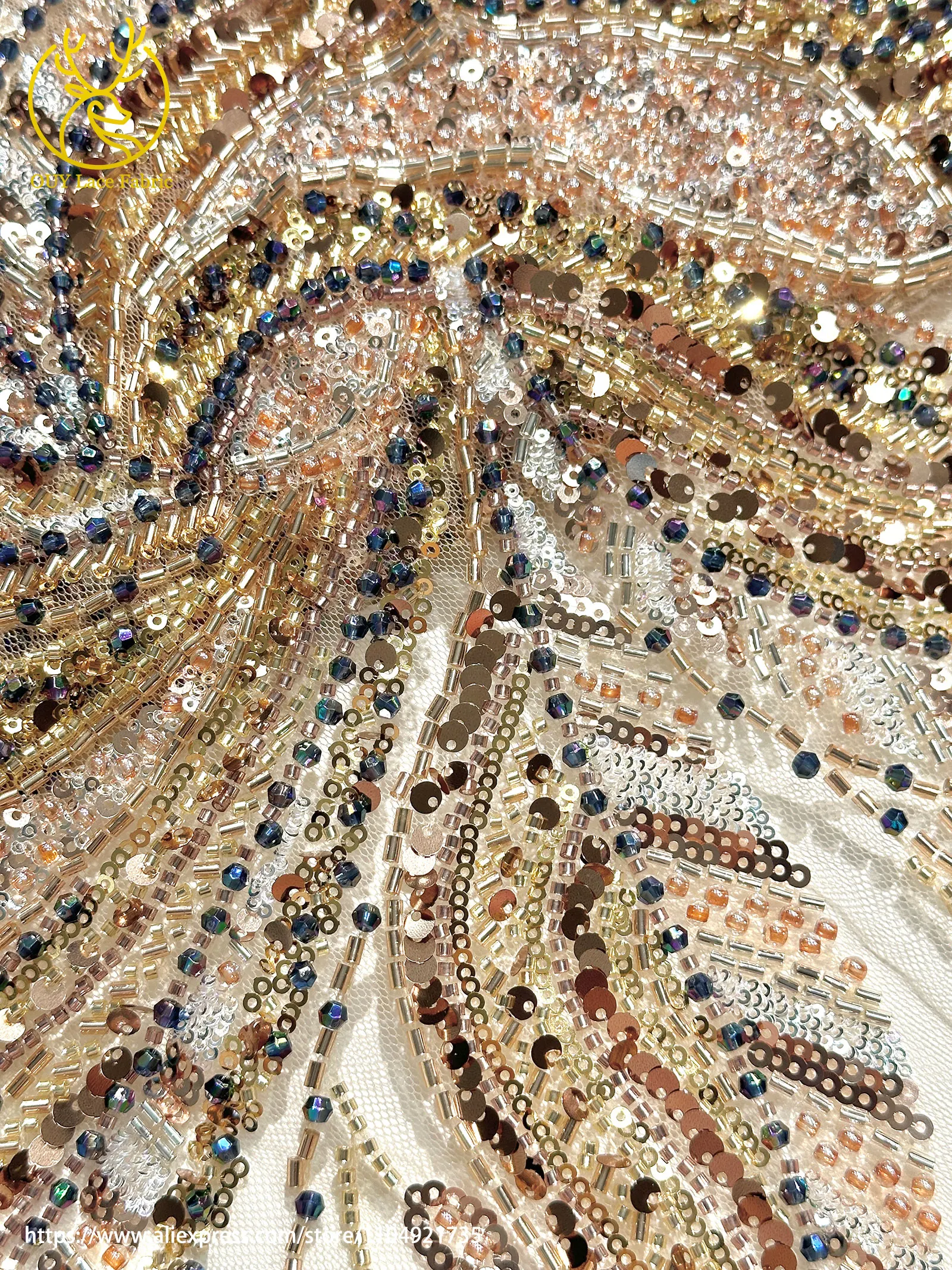 Rote französische handgefertigte Perlen-Spitzenstoffe 2026 Luxuriöse afrikanische nigerianische Pailletten-Spitzenstoffe für Hochzeitskleider – Detail 11