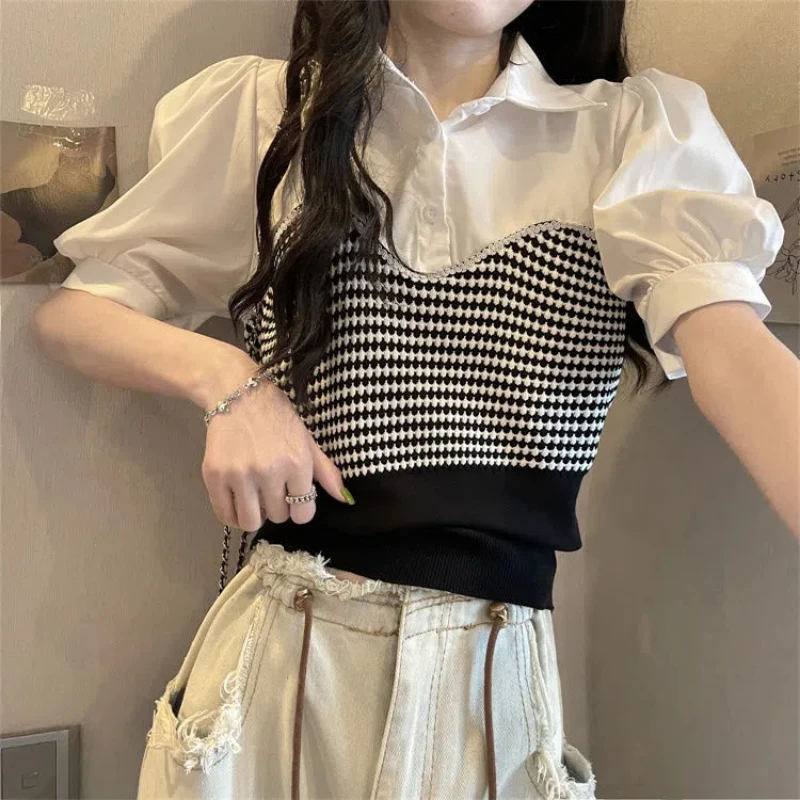 Summer New Youthful Girl Fake Two-piece Outfit Top Color College Sweet Puff Sleeve Shirts Short Tops Korean Trend Women Clothing