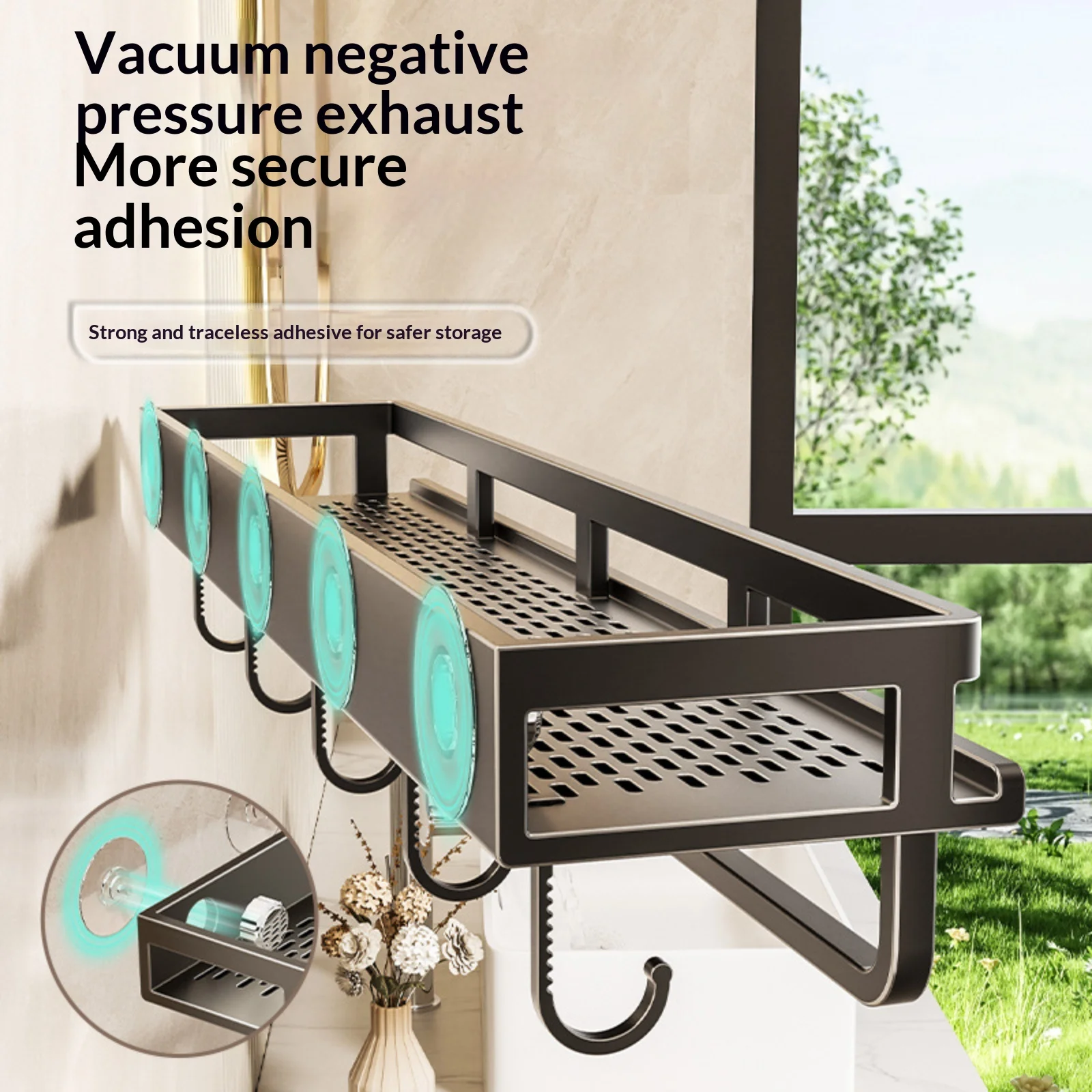 No Drill Suction Cup Suction Bathroom Rack Bathroom Shelf Toilet Space Aluminum Hanging Rack Bathroom Organizer Hang On The Wall