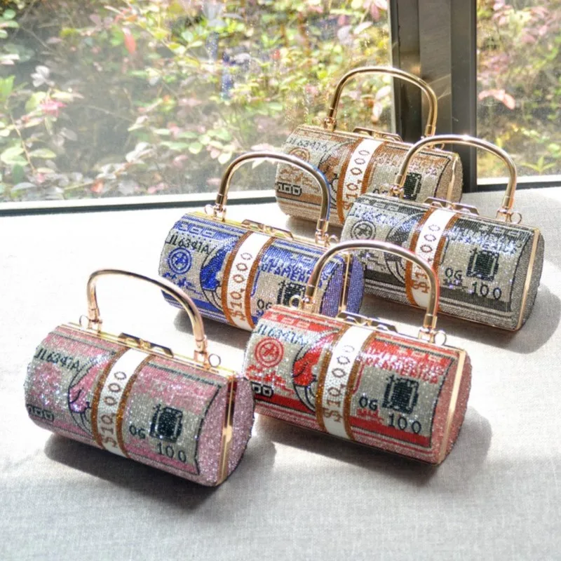Full of diamonds small cylinder shoulder women bag set with diamonds Fashion dollar bag rhinestone dinner bag saco сумочка