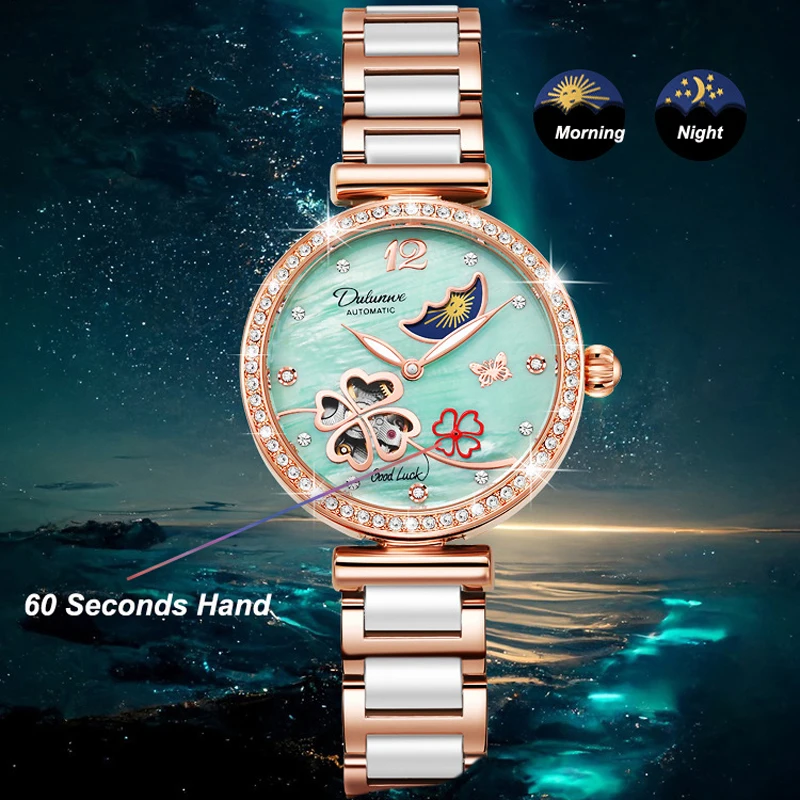 New Design Rotating Clover Automatic Mechanical Watches Women\'s Ceramics Wrsitwatches Fashionable Classic Clock Montre Femme