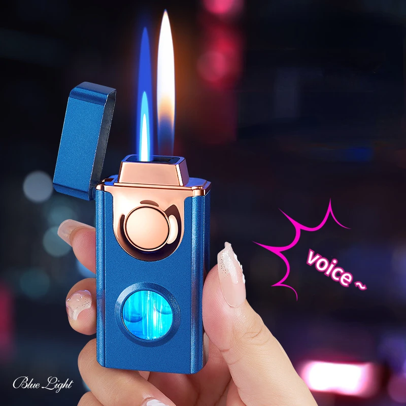 Voice-activated Double Flame Lighter, Blue Light Transom, Straight Into Open Flame, Airflow, Gravity, 4 Ignition Methods, Metal