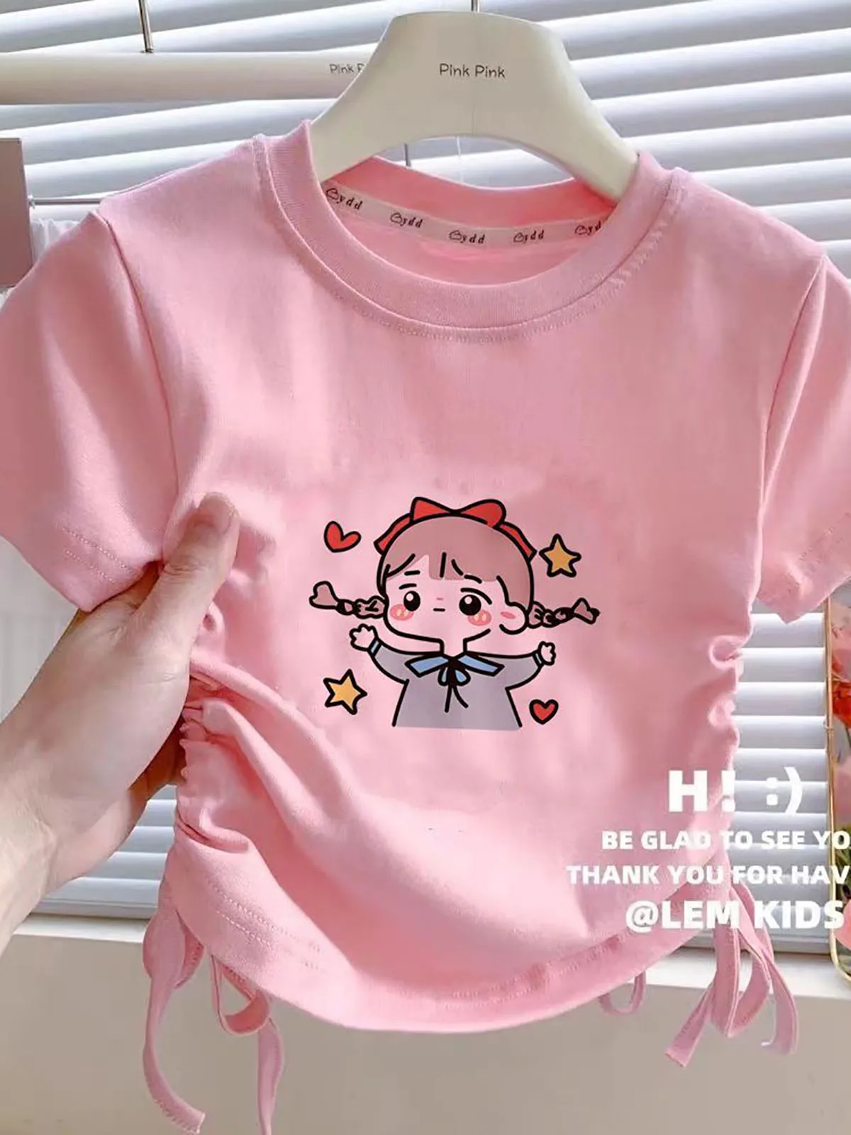 Summer New Girls T-shirt Sweet Cartoon Cotton Short Sleeved T-shirt Fashion O-neck Drawstring Design Half Sleeved Top