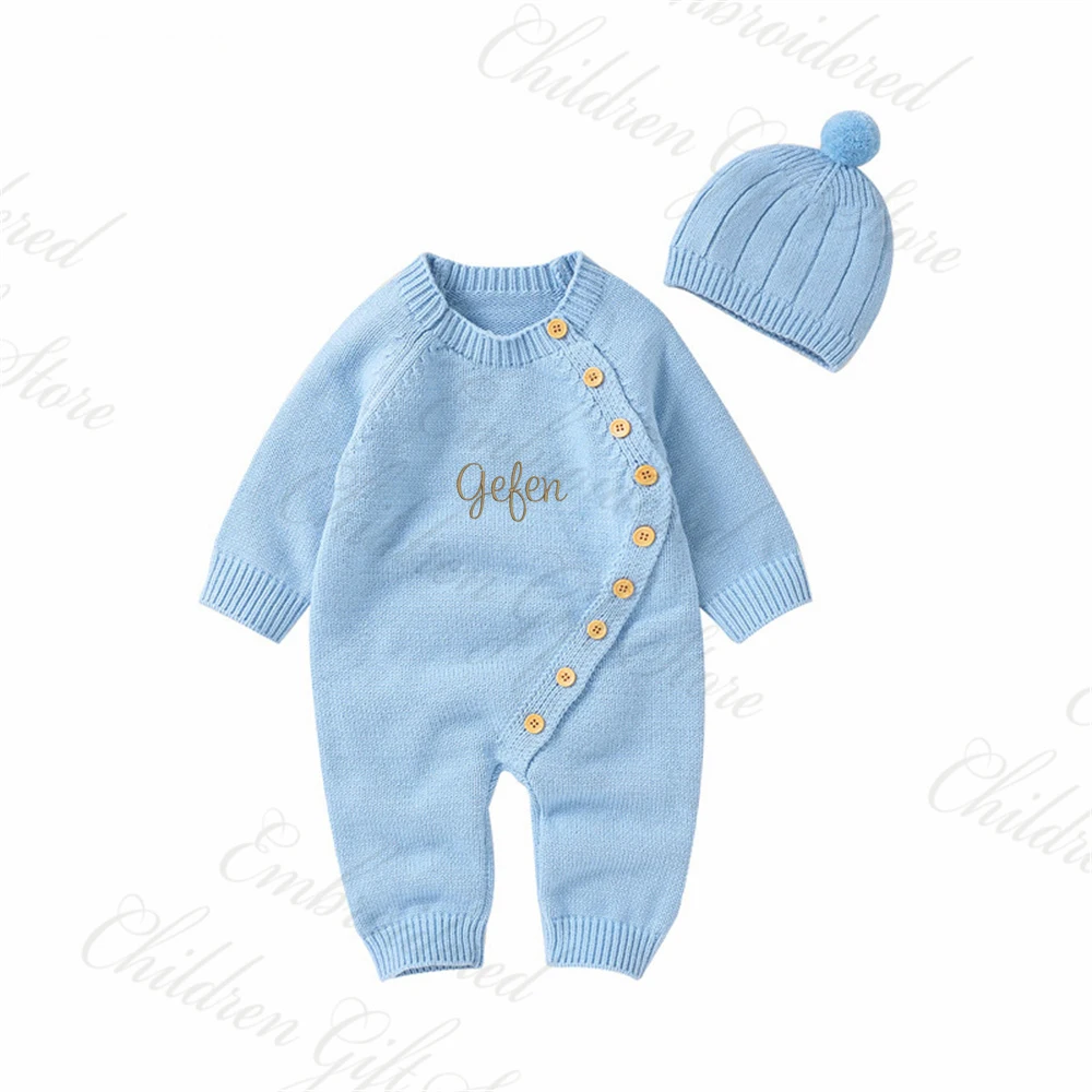 Baby knitted Jumpsuit with Hat Custom Embroidered Name Newborn Boys Girls Birth Gift Sweater Personalized Cute Crawling Suit Set